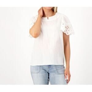 Isaac Mizrahi Cotton Size Small Split Neck White Embroidered Blouse A599140 NWOT